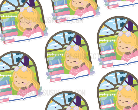 Reading Girl Blonde Hair Sticker