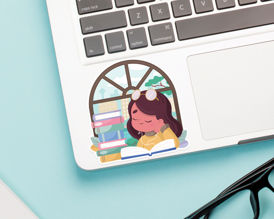 Reading Girl Brown Hair Sticker