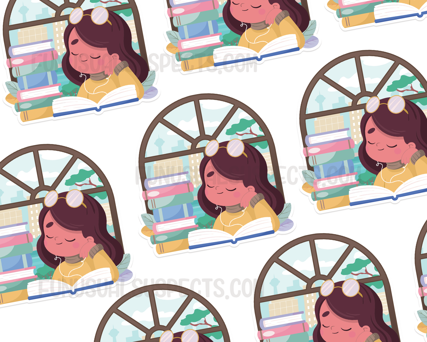 Reading Girl Brown Hair Sticker