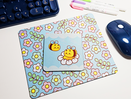 Bee and Flowers Mousepad and Coaster Set