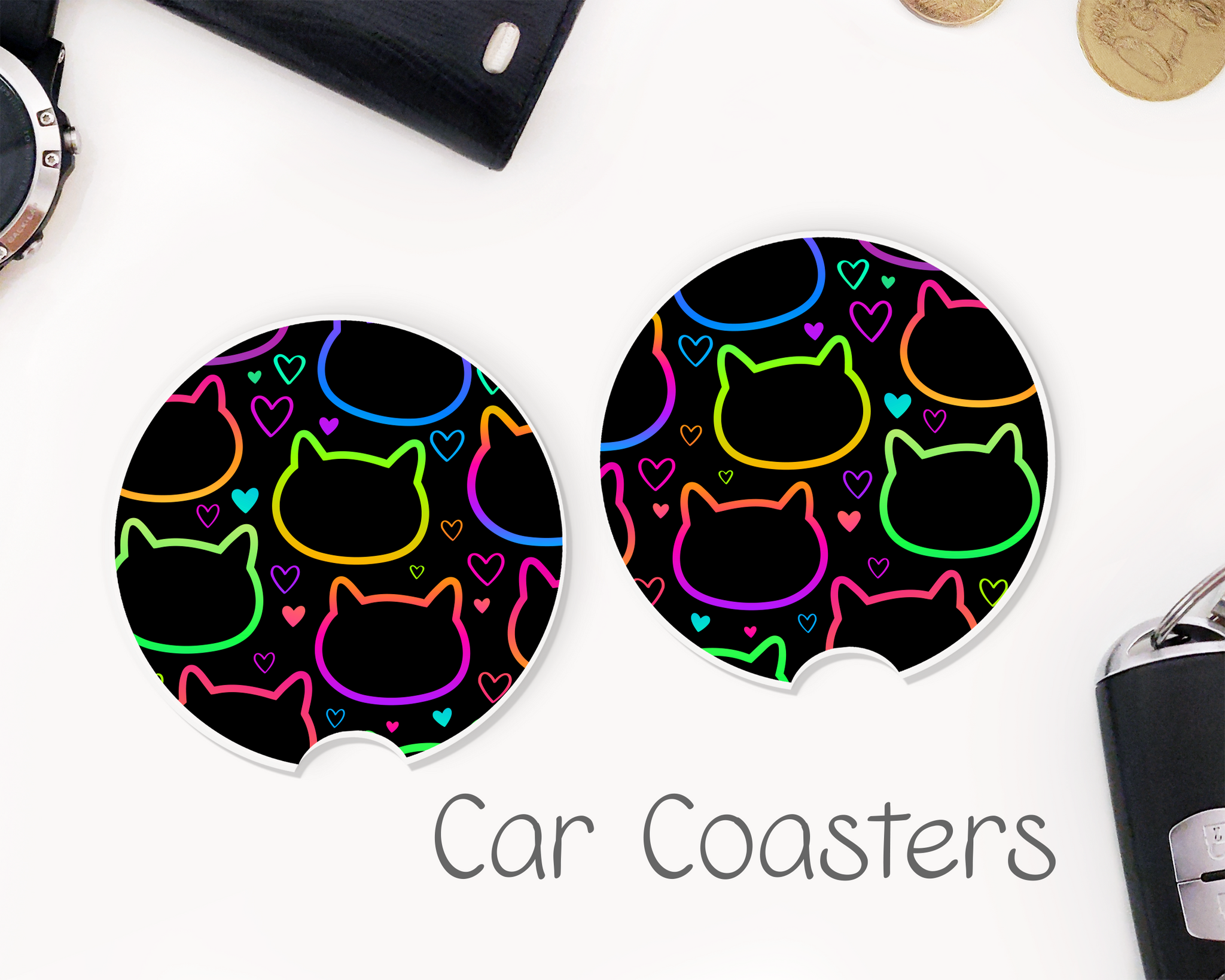 Neon Cat Car Coasters