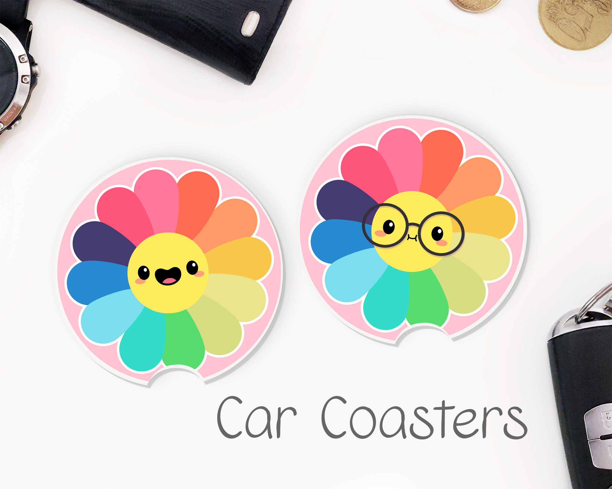 Rainbow Flowers Car Coasters