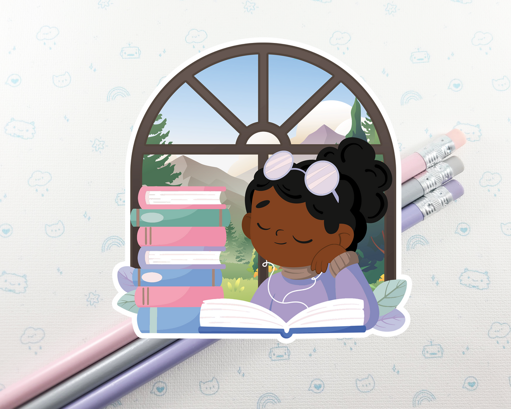 Reading Girl Black Hair Sticker