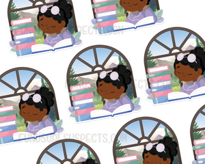 Reading Girl Black Hair Sticker