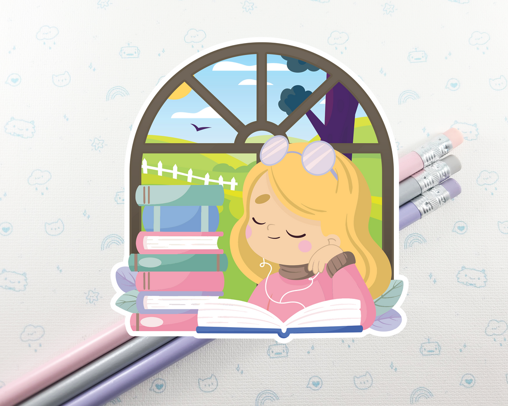 Reading Girl Blonde Hair Sticker