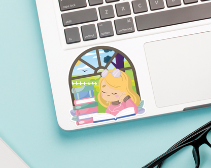 Reading Girl Blonde Hair Sticker