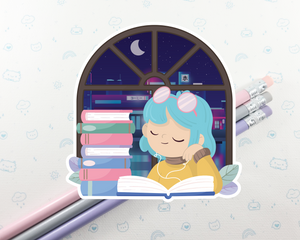 Reading Girl Blue Hair Sticker