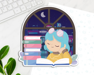 Reading Girl Blue Hair Jumbo Sticker