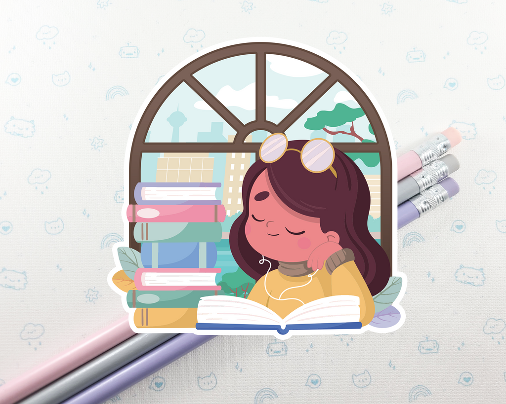 Reading Girl Brown Hair Sticker