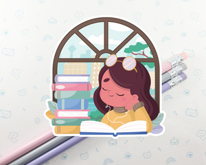 Reading Girl Brown Hair Sticker