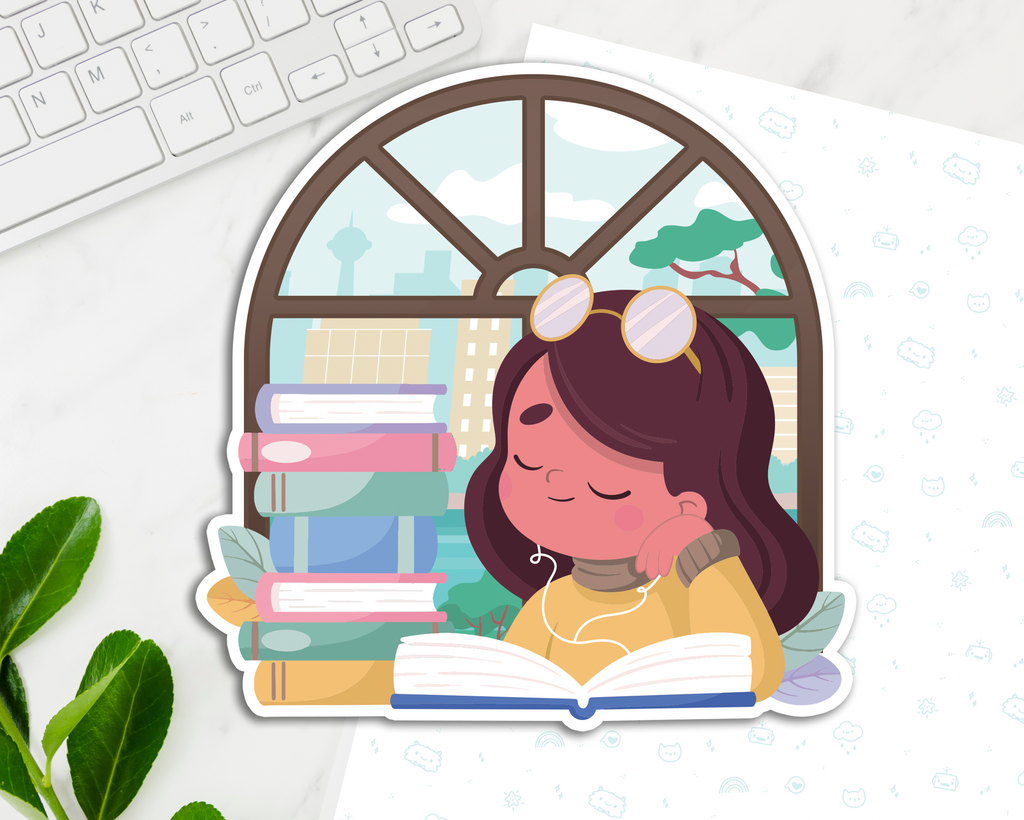 Reading Girl Brown Hair Jumbo Sticker