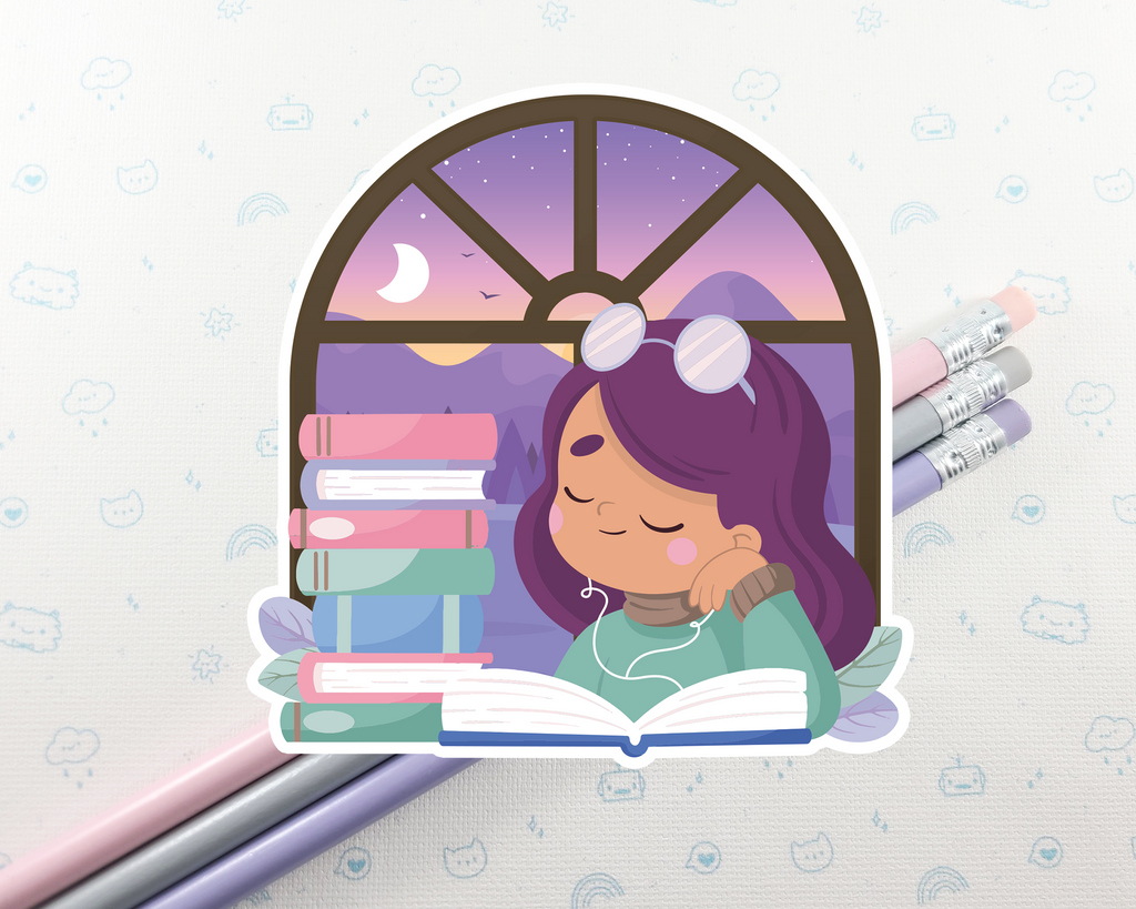 Reading Girl Purple Hair Sticker
