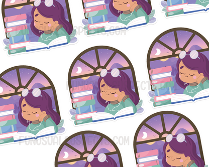 Reading Girl Purple Hair Sticker