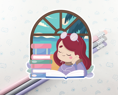 Reading Girl Red Hair Sticker