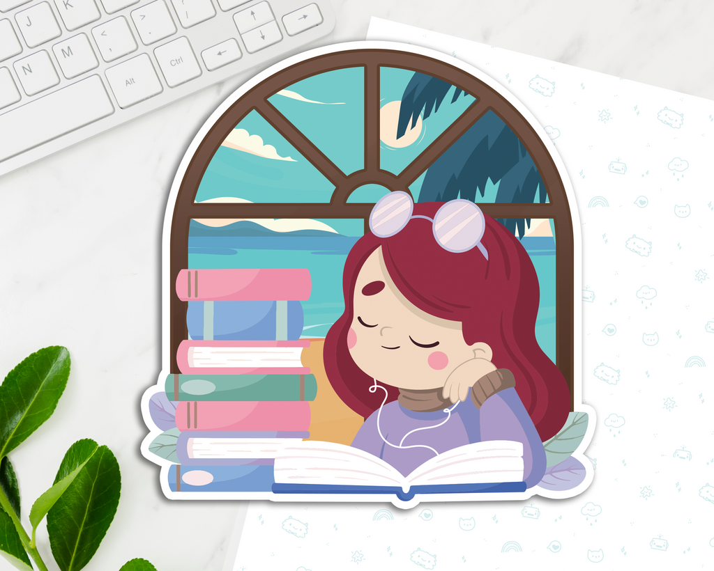 Reading Girl Red Hair Jumbo Sticker