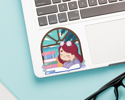 Reading Girl Red Hair Sticker
