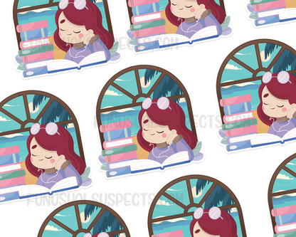 Reading Girl Red Hair Sticker