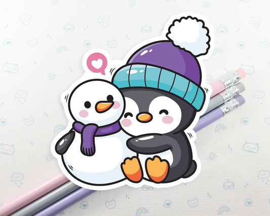 Penguin Snowman Hugging Sticker