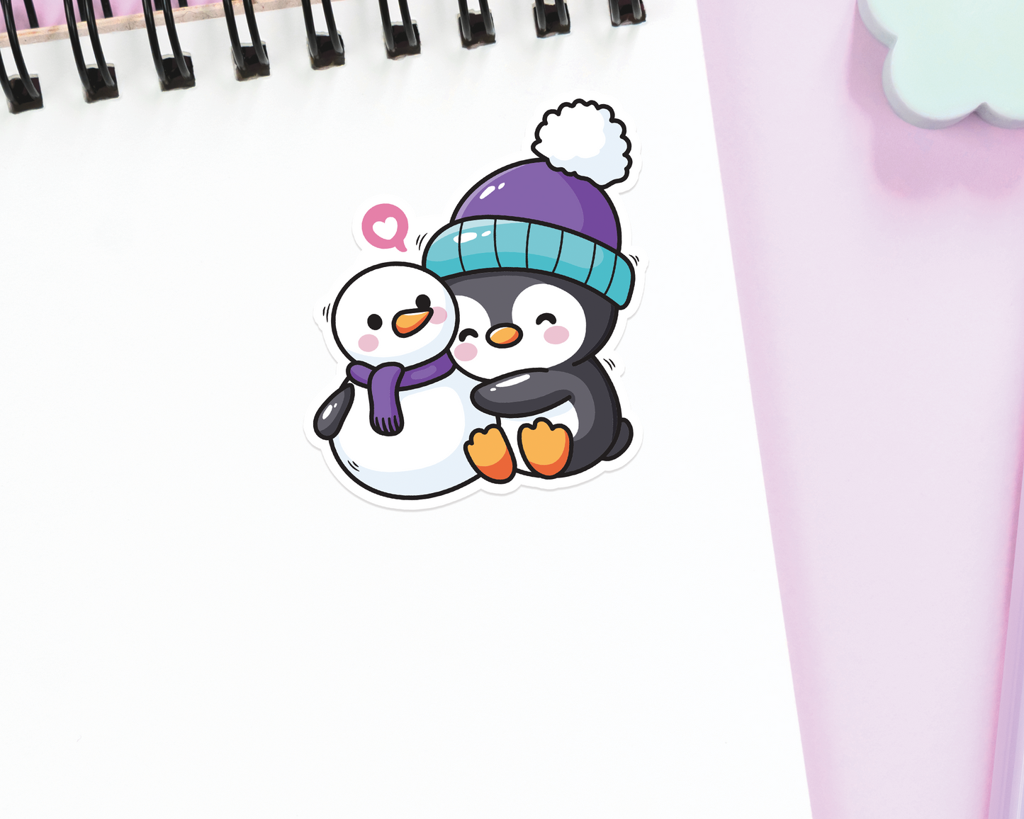 Penguin Snowman Hugging Sticker