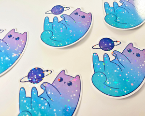Cat Space with Planet Holographic Stars Sticker