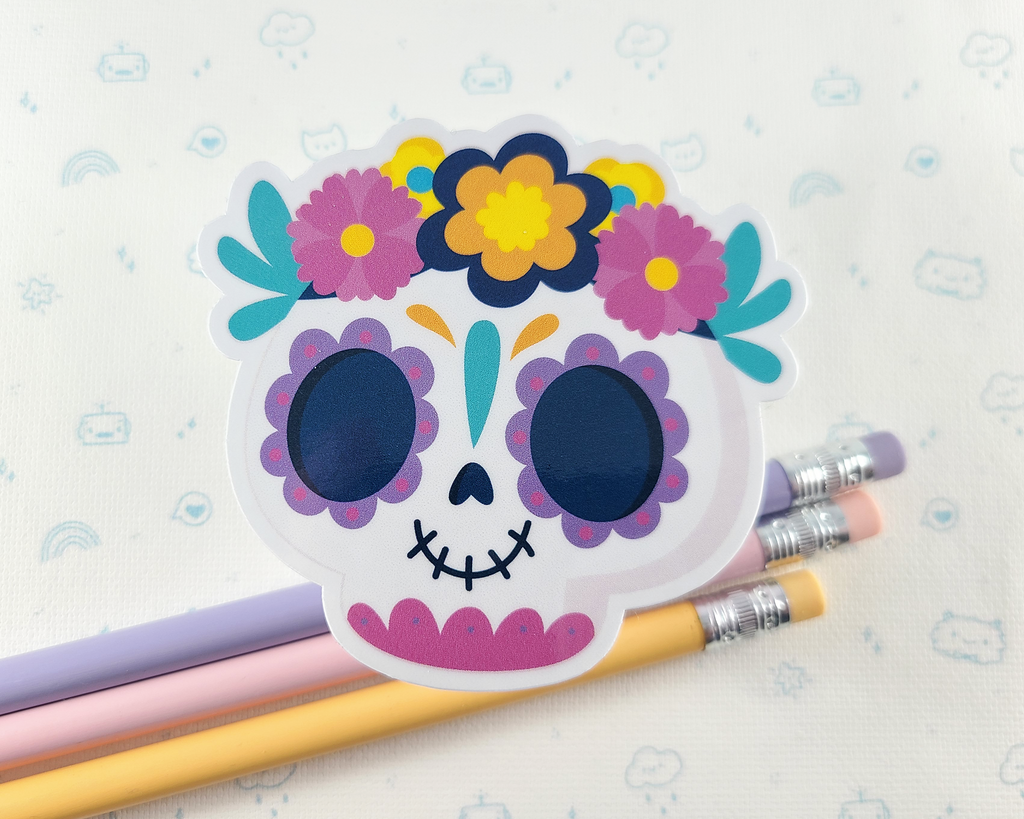 Day of the Dead Skull with Flowers Sticker
